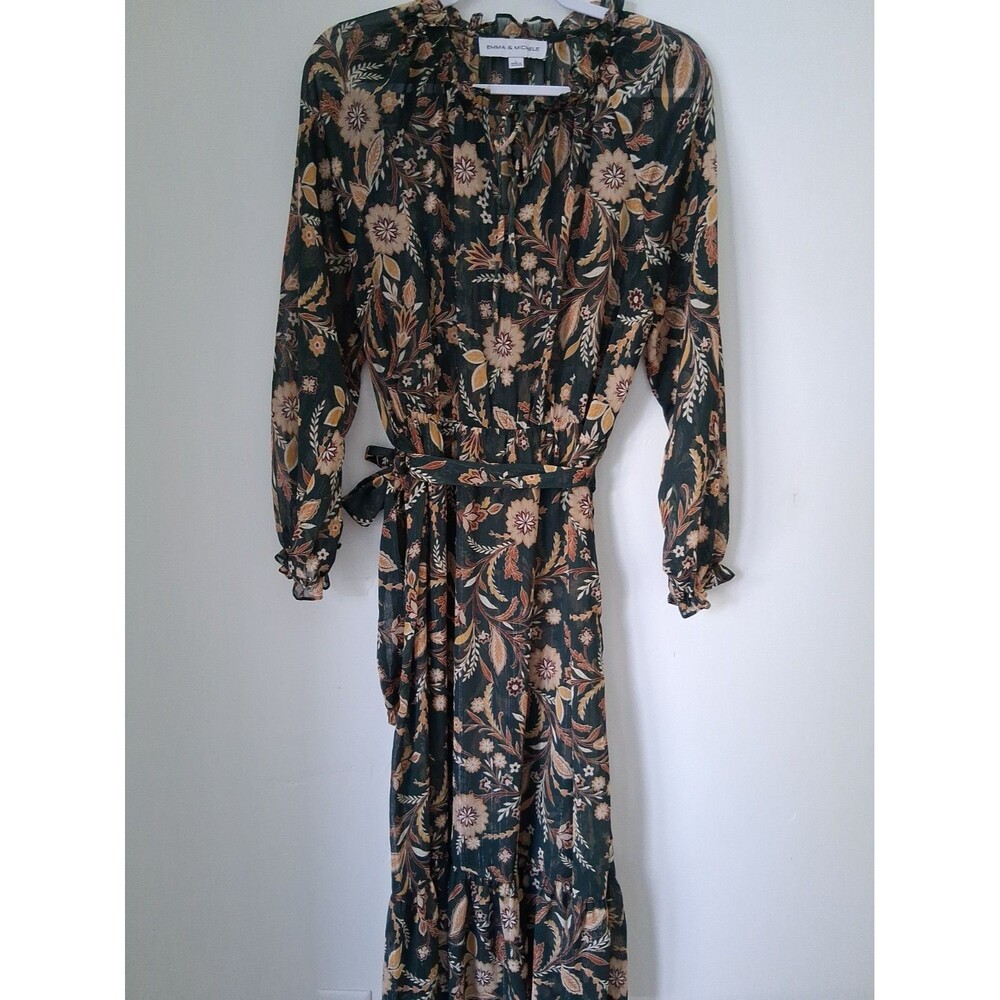 Emma & Michele Green Floral Chiffon Dress Long Sleeve Ruffle Neck Tie Waist sz L